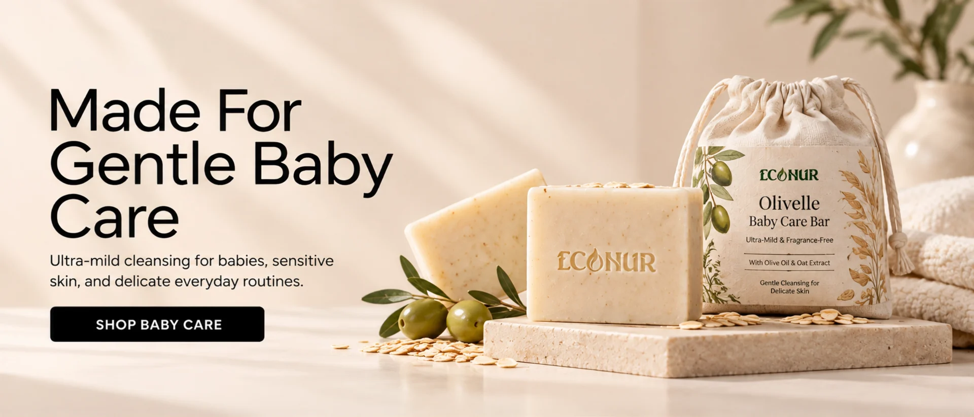 Econur Olivelle Baby Care Bar, ultra-mild and fragrance-free, with olive oil and oat