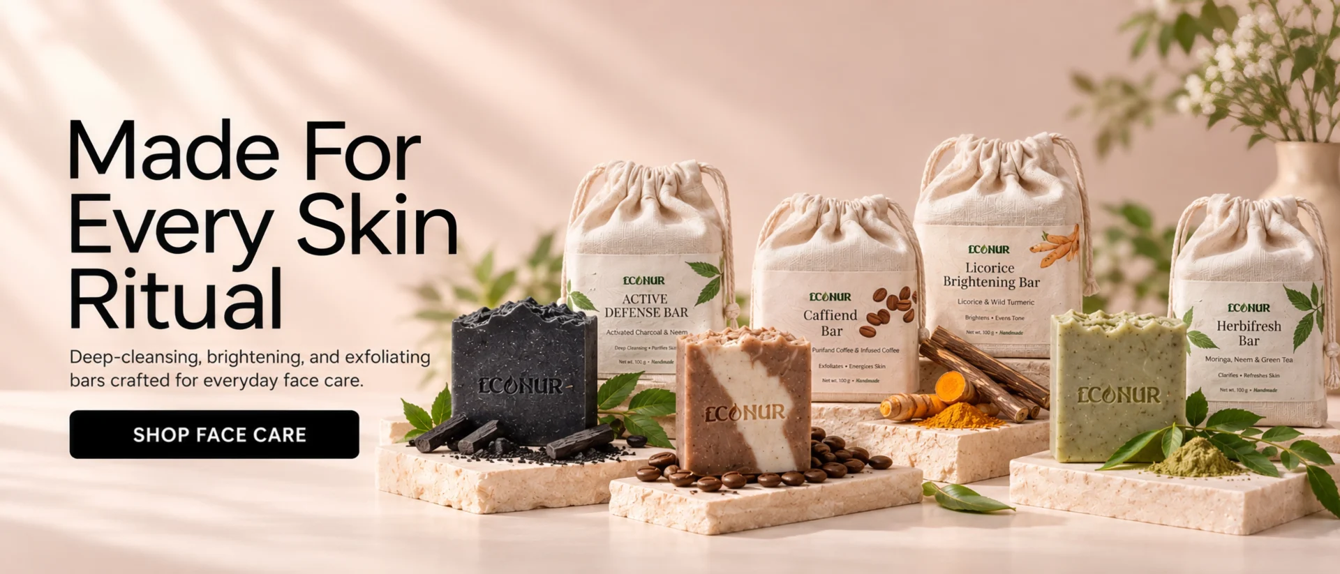 Econur face care bars: Active Defense, Caffiend, Licorice Brightening and Herbifresh, handmade natural soap