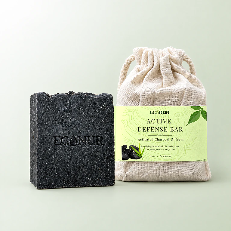 Econur Active Defense Bar: black activated charcoal & neem handmade soap with its cotton pouch and label