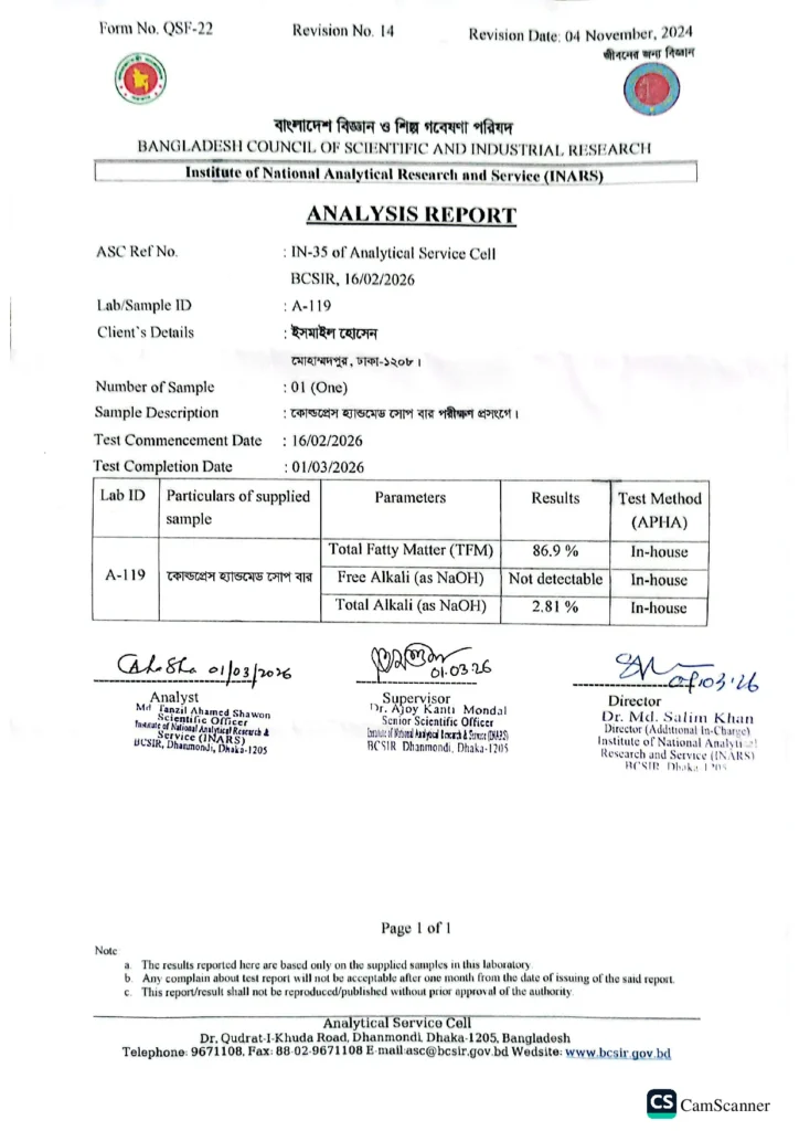 BCSIR INARS analysis report for an ECONUR cold-process handmade soap bar, Lab ID A-119