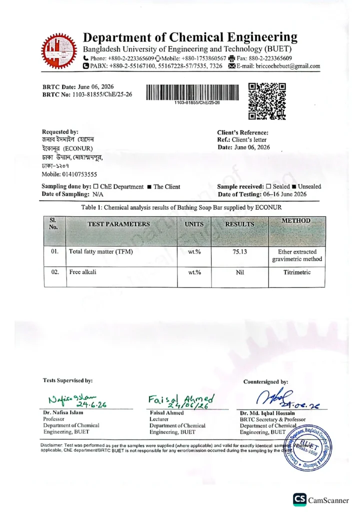 BUET Department of Chemical Engineering analysis report for an ECONUR bathing soap bar, BRTC No. 1103-81855/ChE/25-26
