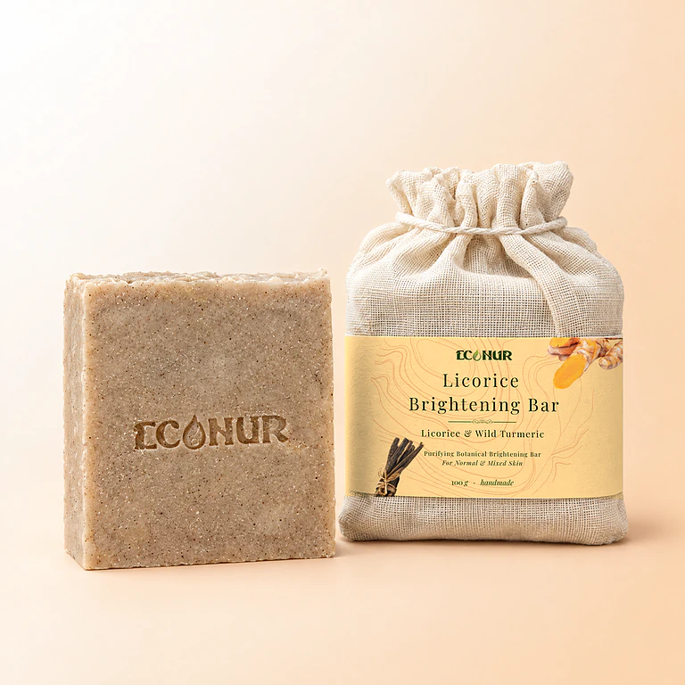 Econur Licorice Brightening Bar: handmade licorice and wild turmeric soap with its cotton pouch and label